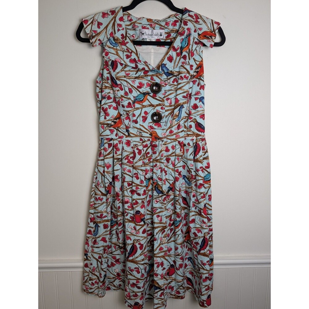 Beebop & Wally Cotton Blue Bird Woodland Rockabilly Pin Up Fit Flare Dress XS